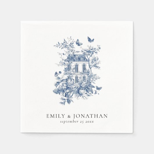 Serviette En Papier Toile Bleue De Jouy Florals Noms Date Mariage (Devant)