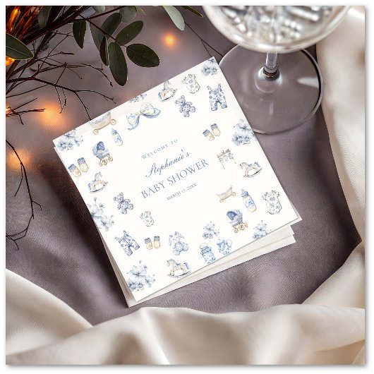 Serviette En Papier Toile De Jouy Baby Shower Blue Bow Boy