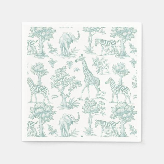 Serviette En Papier Toile de Jouy Safari animaux Sage Baby shower (Devant)