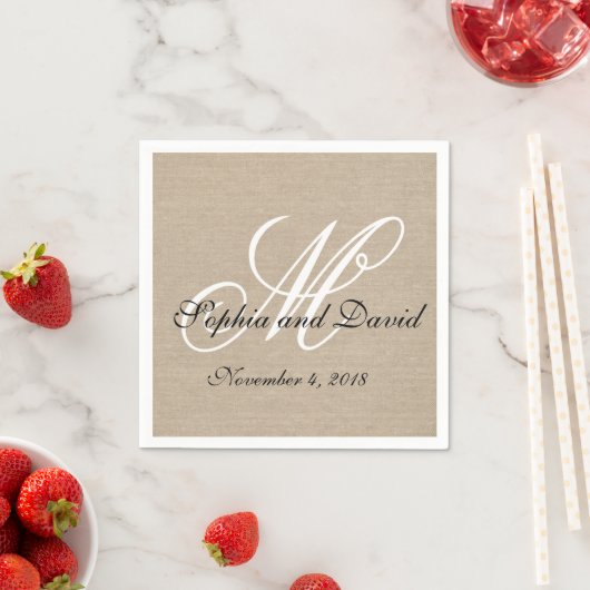Serviette En Papier Toile Rustique en toile Mariage Monogram Napkins (En situation)