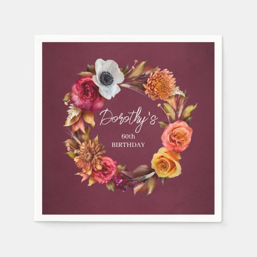 Serviette En Papier Tonalité Terre Bourgogne Fleurs d'automne 60e anni (Devant)