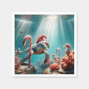 Serviette En Papier Tortue de mer de Noël avec cannes de bonbon