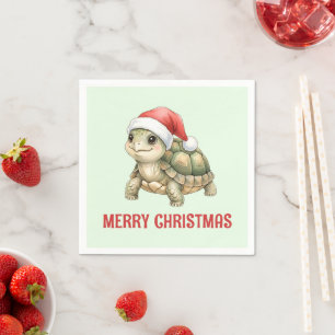 Serviette En Papier Tortue de Noël à chapeau de Père Noël aquarelle pe