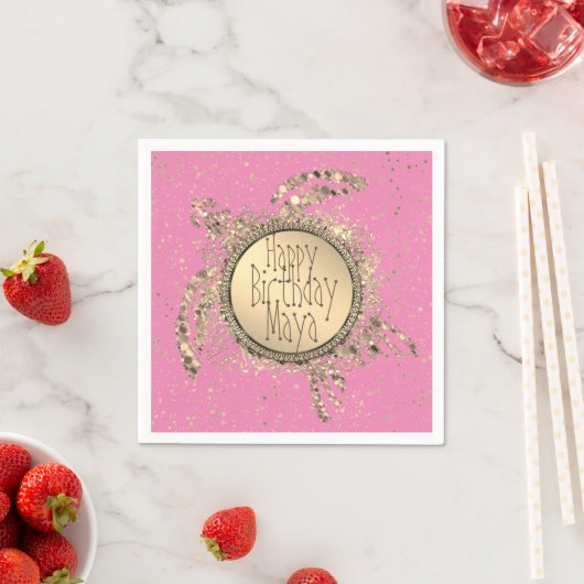 Serviette En Papier Tortue dorée sur rose Anniversaire (En situation)