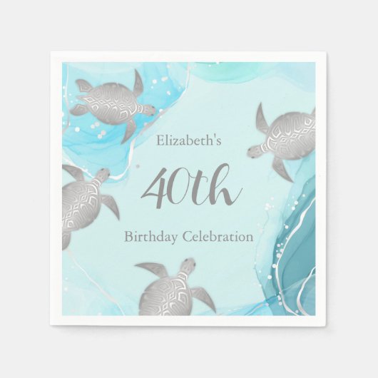 Serviette En Papier Tortues de mer d'argent encre bleue | Anniversaire (Devant)