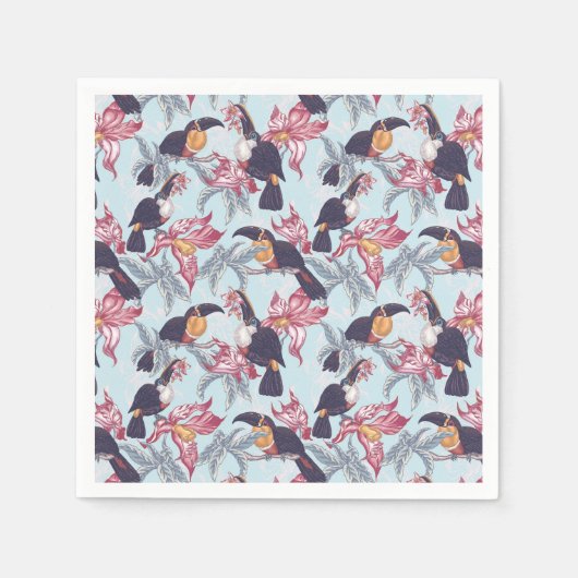 Serviette En Papier Toucans Avec Fleurs Exotiques (Devant)