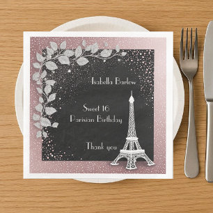 Serviette En Papier Tour Eiffel Fard Rose Pailleté Anniversaire Sucré 
