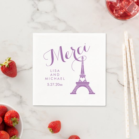 Serviette En Papier Tour Eiffel Mariage violet Merci Merci (En situation)