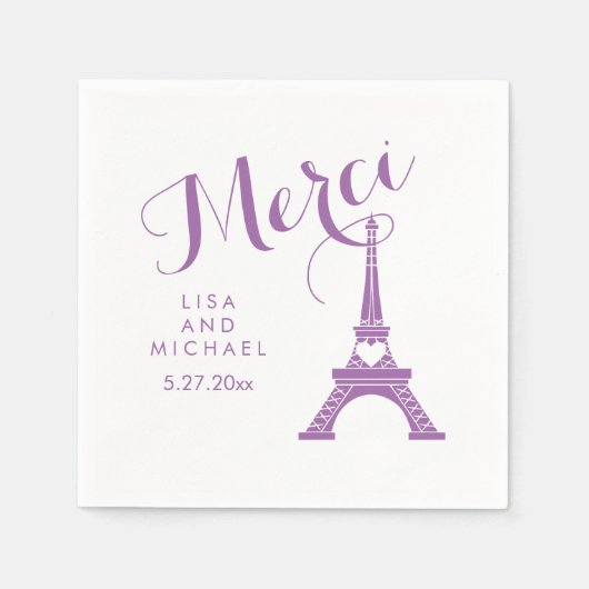 Serviette En Papier Tour Eiffel Mariage violet Merci Merci (Devant)
