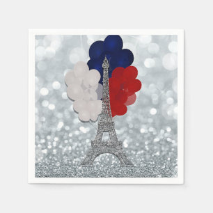 Serviette En Papier Tour Eiffel Pailletée Argent Fête Rouge Blanc Bleu