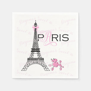 Serviette En Papier Tour Eiffel Ruban Rose Paris France Fête Caniche