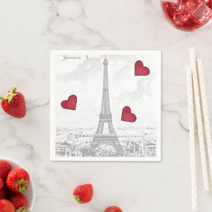Serviette En Papier Tour Eiffel vintage - Coeurs rouges