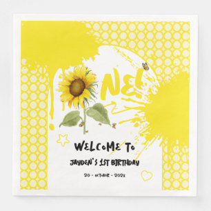 Serviette En Papier Tournesol à l'aquarelle avec papillons 1er anniver