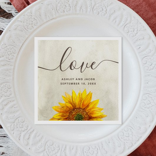 Serviette En Papier Tournesol à l'aquarelle. Écriture florale rustique