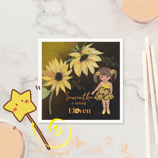 Serviette En Papier Tournesol Aquarelle Cinquième Fille Noir Anniversa