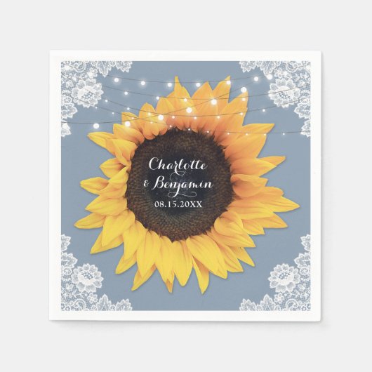 Serviette En Papier Tournesol en dentelle rustique Dusty Mariage bleu (Devant)