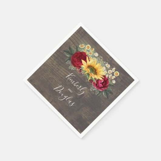 Serviette En Papier Tournesol et Rose rouge Automne Mariage rustique (Coin)