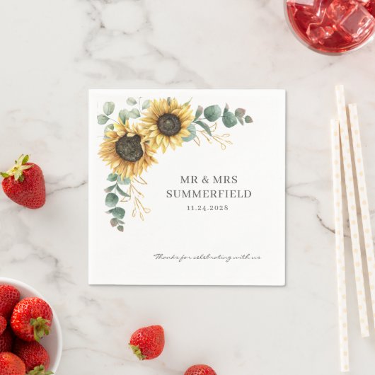 Serviette En Papier Tournesol Floral Eucalyptus Vert Mariage Papier (En situation)