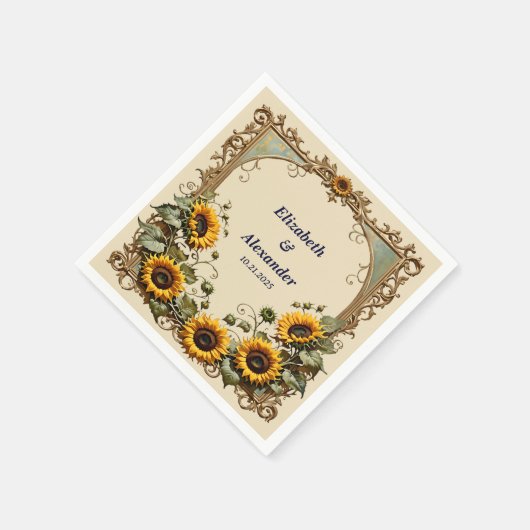 Serviette En Papier Tournesol jaune avec cadre d'art mariage (Coin)