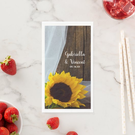 Serviette En Papier Tournesol jaune rustique et Mariage en bois de gra (En situation)