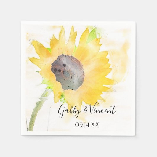 Serviette En Papier Tournesol jaune sur Mariage d'aquarelle blanche (Devant)