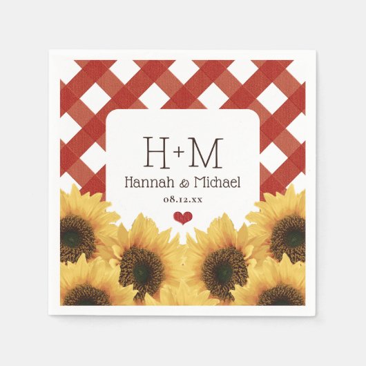 Serviette En Papier Tournesol monogramme et Mariage En vichy rouge (Devant)