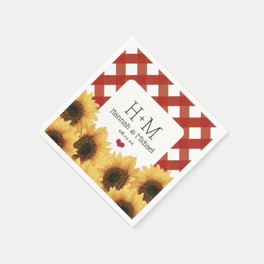 Serviette En Papier Tournesol monogramme et Mariage En vichy rouge (Coin)