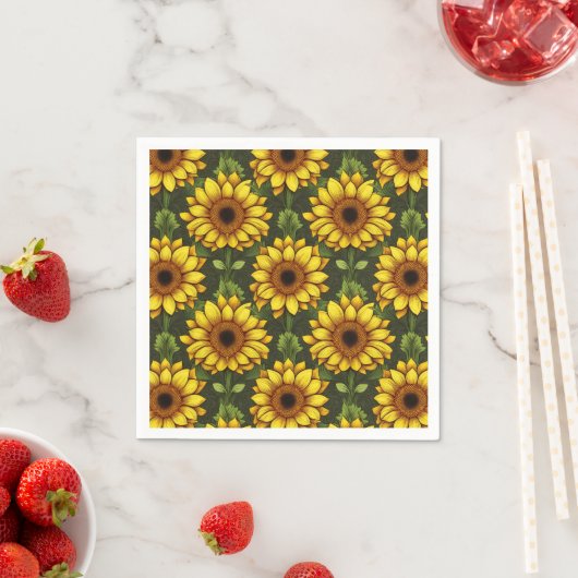 Serviette En Papier Tournesol orange jaune avec vert et Brown (En situation)