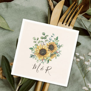Serviette En Papier Tournesol rustique vintage à aquarelle monogrammé