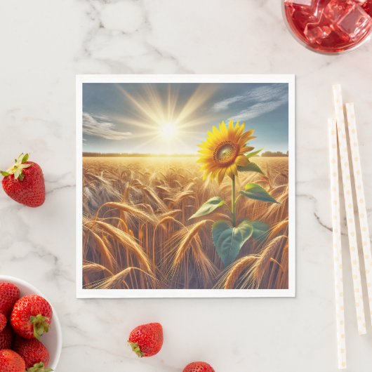 Serviette En Papier Tournesol Solitaire En Champ De Blé (En situation)