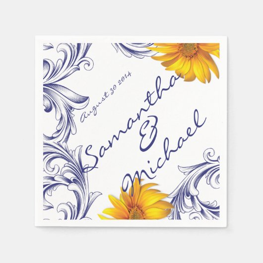 Serviette En Papier Tournesols jaunes bleus royaux ornés (Devant)