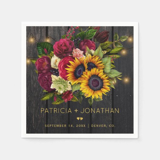 Serviette En Papier Tournesols rustiques et mariage en bois rose borde (Devant)