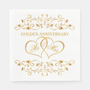 Serviette En Papier Tournoyants dorés, cœurs unis 50e Anniversaire