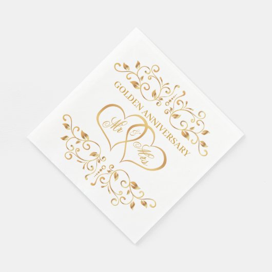 Serviette En Papier Tournoyants dorés, cœurs unis 50e Anniversaire (Coin)