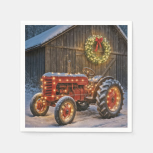 Serviette En Papier Tracteur agricole rouge de Noël avec couronne lumi