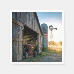 Serviette En Papier Tracteur ancien avec moulin à vent et silo