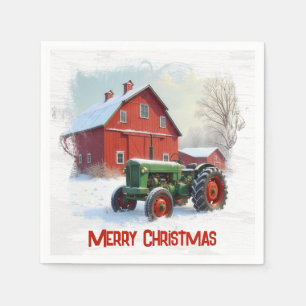 Serviette En Papier Tracteur de Noël à la ferme et grange rouge