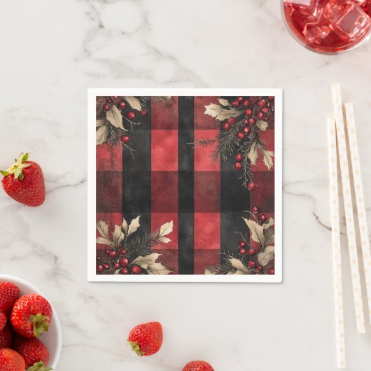 Serviette En Papier Traditional Red and Black Plaid Christmas Holiday (En situation)
