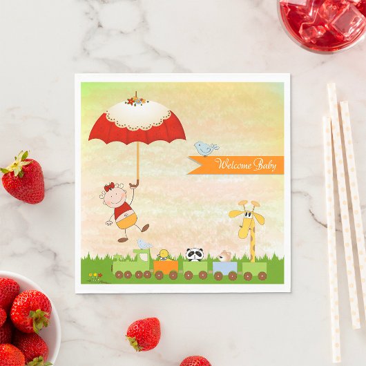 Serviette En Papier Train baby shower avec Animaux et Parapluie