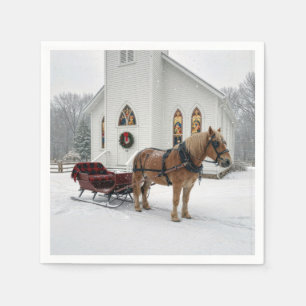 Serviette En Papier Traîneau à cheval de Noël attendant près d'une cha