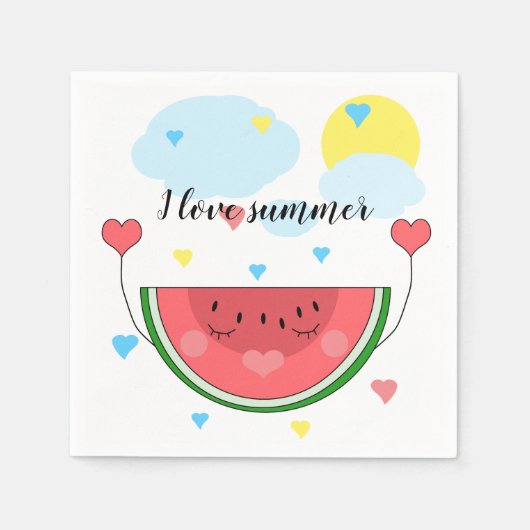 Serviette En Papier tranche de pastèque, texte, "J'aime l'été", (Devant)