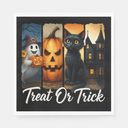 Serviette En Papier "Treat or Trick" Halloween Brush Stroke Chat (Devant)