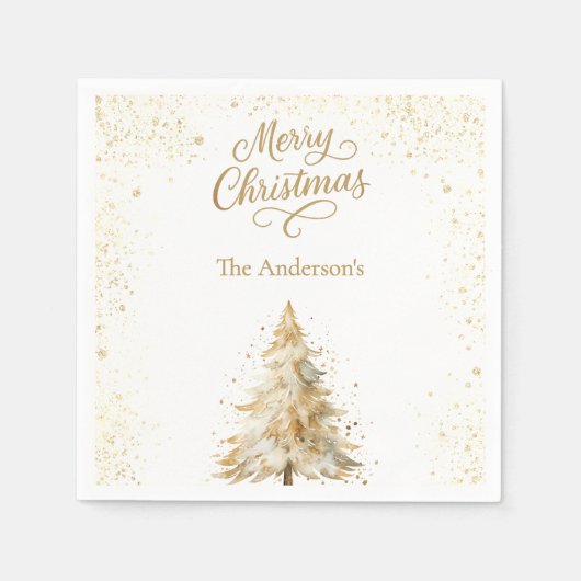 Serviette En Papier Tree gold white snow script Christmas  (Devant)