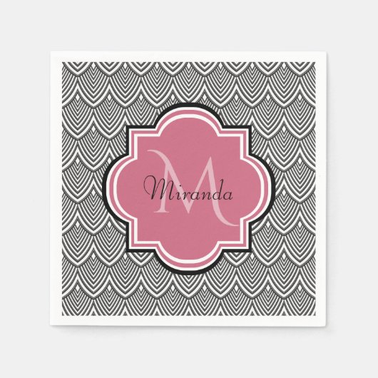 Serviette En Papier Trendy Black Arched Scallops Pink Monogramme Nom (Devant)