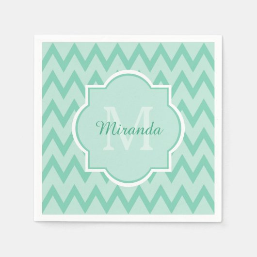 Serviette En Papier Trendy Mint Green Chevron Zigzag Nom et Monogramme (Devant)