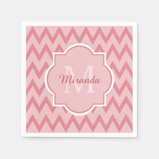 Serviette En Papier Trendy Pink Chevron Zigzag Nom et Monogramme (Devant)