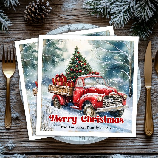 Serviette En Papier Trendy red truck Christmas scene rustic table 