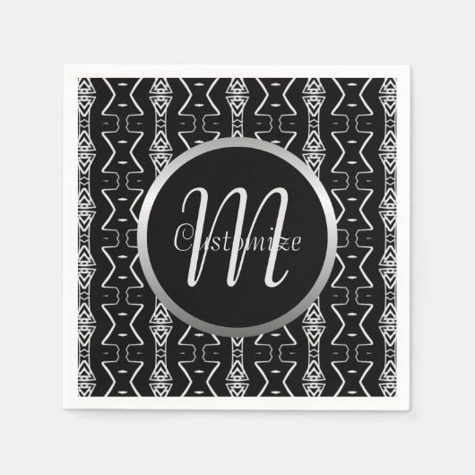 Serviette En Papier Triangles géométriques monogrammes noirs et blancs (Devant)