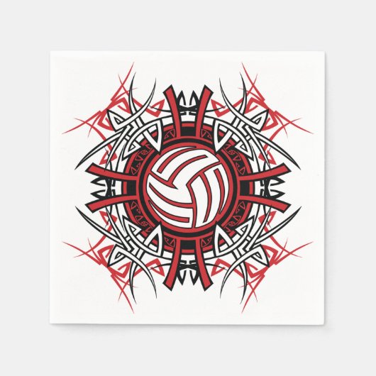 Serviette En Papier Tribal de volleyball Mandala Sports rouges et noir (Devant)
