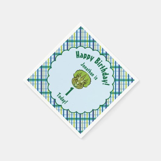 Serviette En Papier Tricératops Dinosaure bleu et vert Personnalisé (Coin)